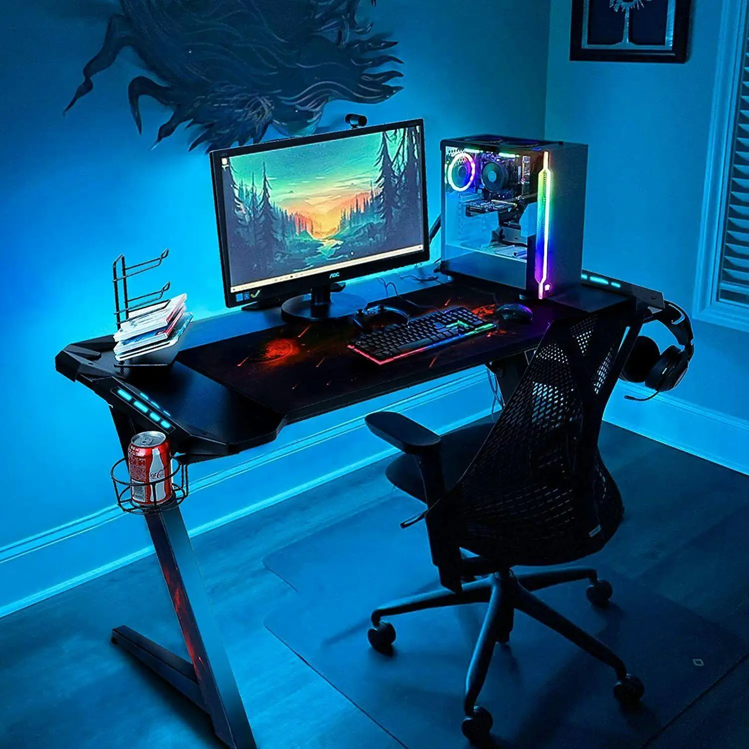  Lulu Tech Z Shaped Computer wide Racing Style Office Table Gamer Pc Big Workstation Gaming Desk with Free Mouse Pad Handle