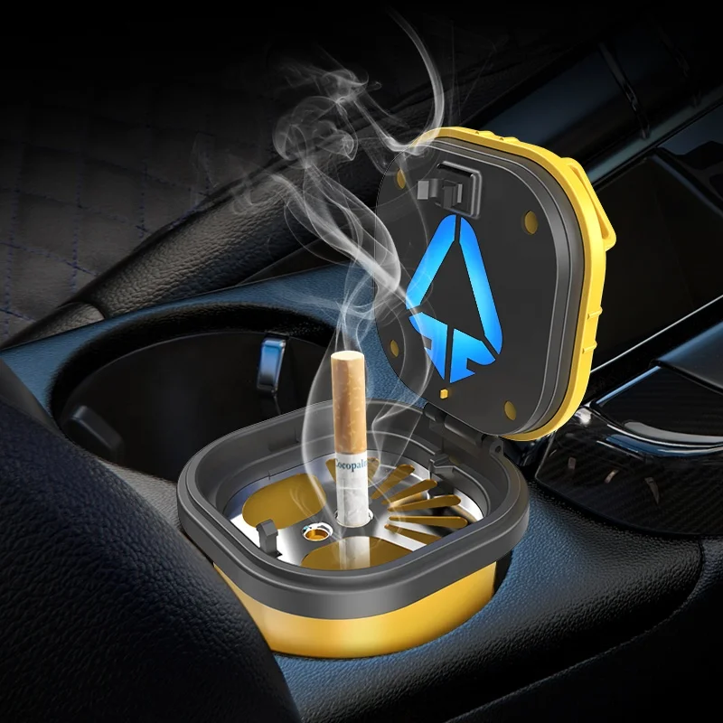 N19A Portable car ashtray with lid smell proof stainless steel LED ashtray for car accessories