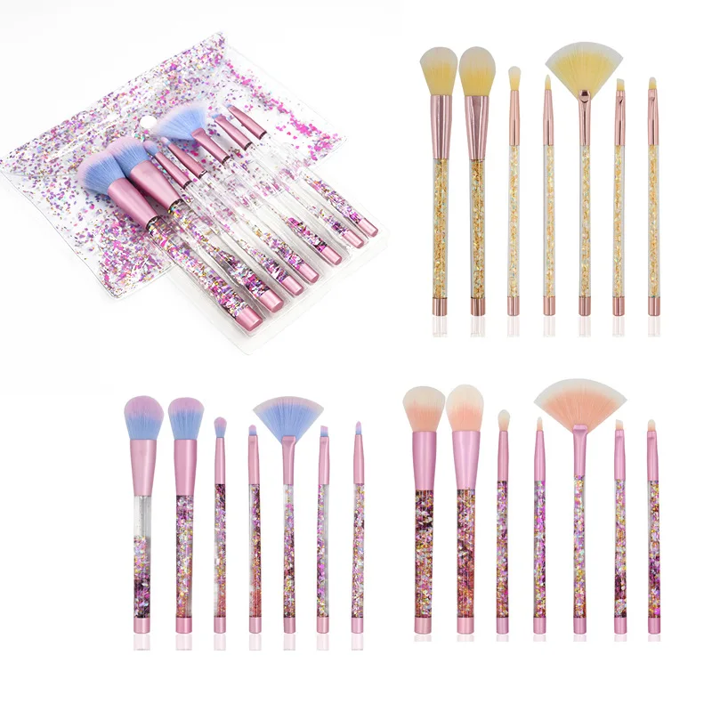 7Pcs transparent plastic handle with oil liquid glitter makeup brush set