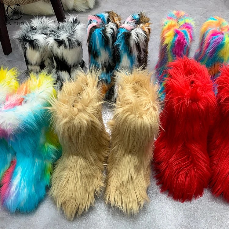 Fashion Anti Slip Child Girls Women Luxury Red Fur Winter Boots Covered with Faux Fox Raccoon Fur