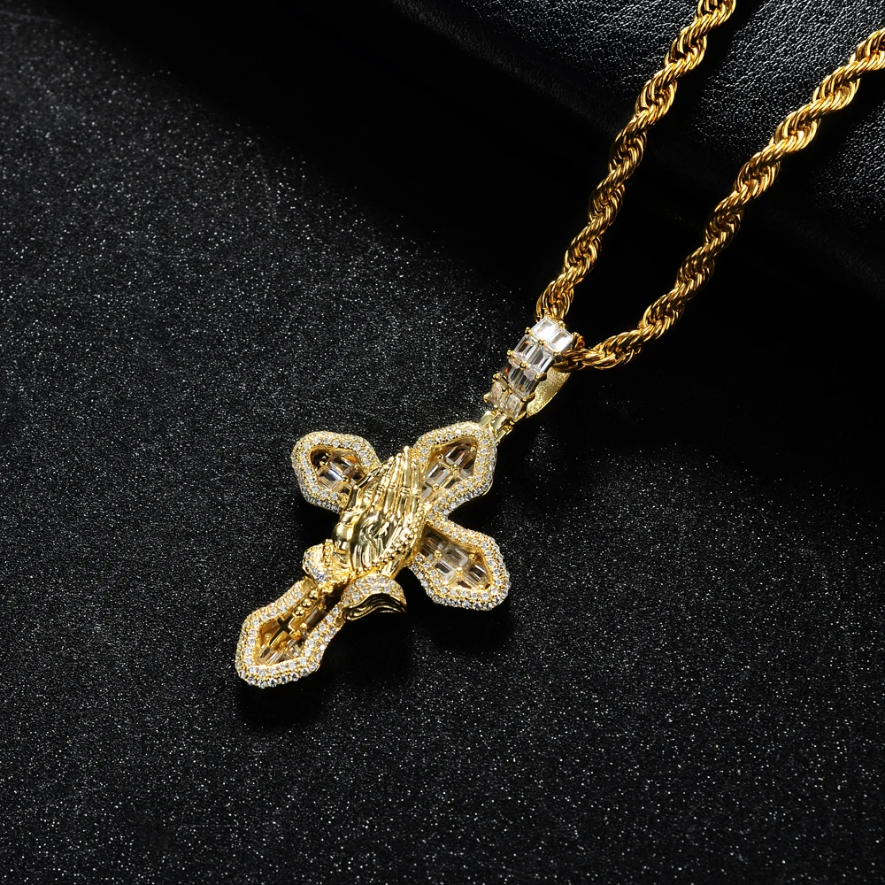 High quality 10K 14K rhodium gold plated micro pave cz moissanite chunky custom anchor nail christian praying hand cross pendant