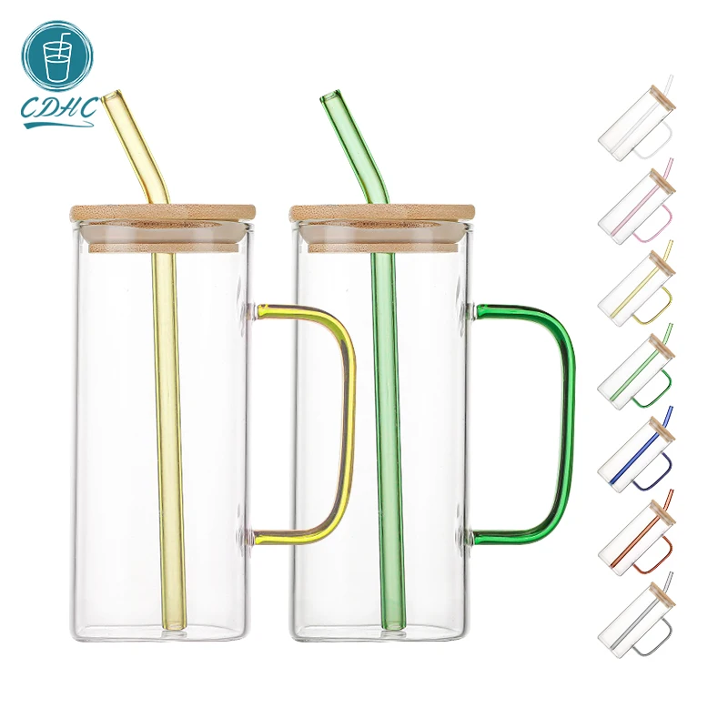 Manufacturer Glass Jars with Handle Reusable Travel Iced Coffee Clear glass cup bamboo lids colorful tumbler with straw