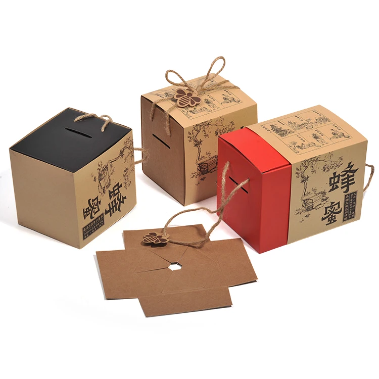 Custom Printed Fold Recyclable Honey Packaging Corrugated Kraft Paper Cardboard Carton Box with Handle