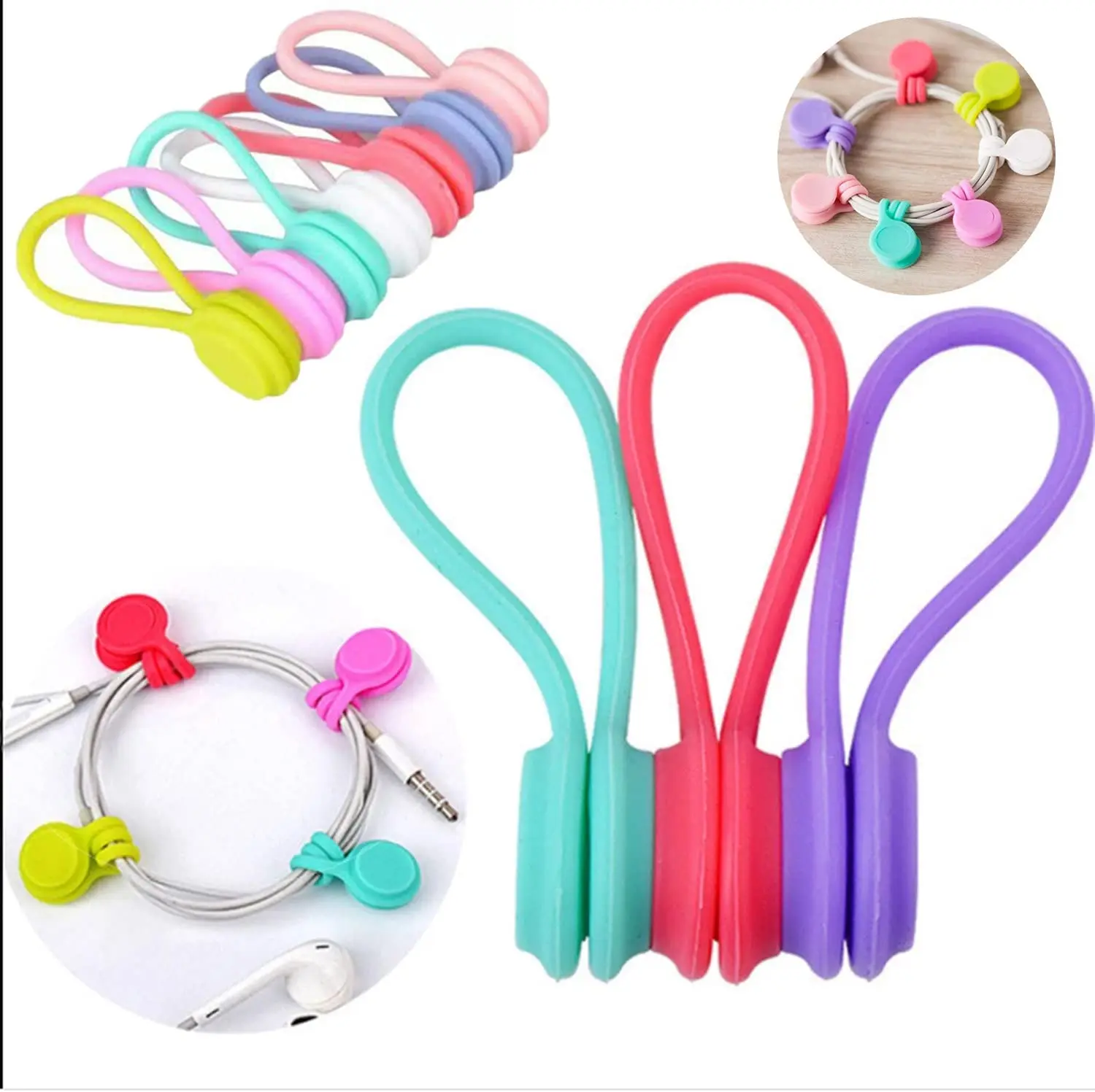 20pcs Colors Magnetic Reusable Cable Winder Wrap Cord Organizer Soft Silicone for Earphone