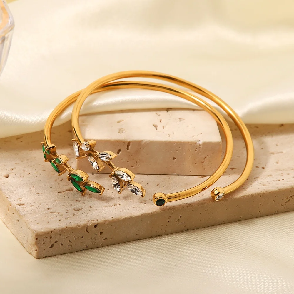 Dr. Jewelry Minimalist Design Cubic Zirconia Green Zircon Stone 18K Gold Stainless Steel Leaf Bangle for Women Jewelry