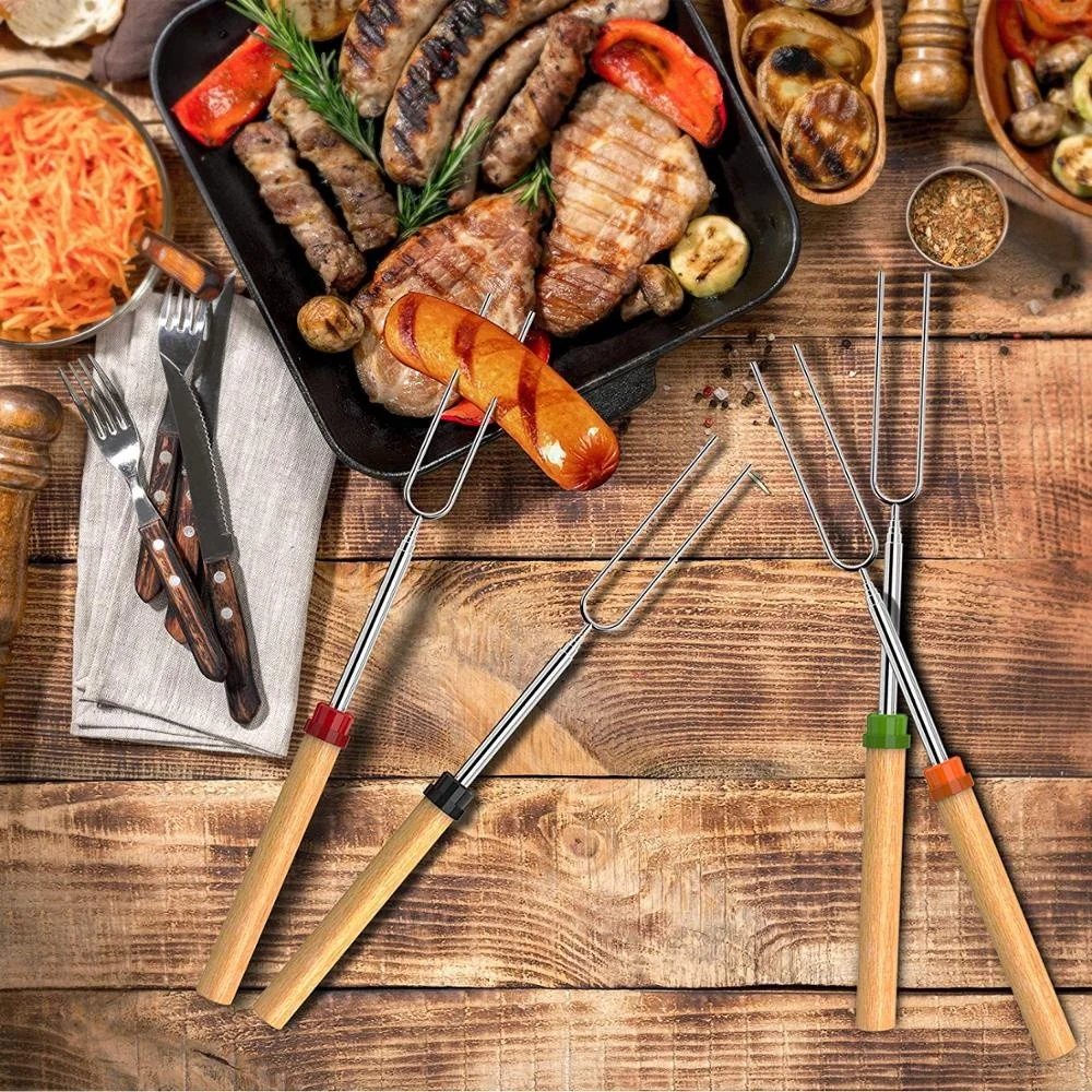 
Marshmallow Roasting Sticks- 8 pcs BBQ Extendable forks-32-Inch Telescopic Sticks with Wooden Handle for Outdoor Barbecue Grill 