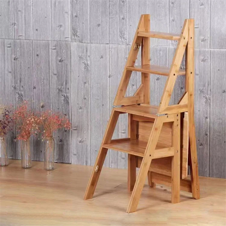 3 in 1 Wood Bamboo Folding Standing Multi-Function Ladder Plant Shelf Rack Step Stool Chair Multi-functional 4 step ladder chair
