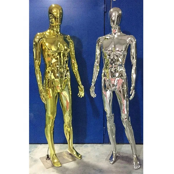Полноразмерный пластиковый мужской хромированный манекен Серебряного и золотого цвета