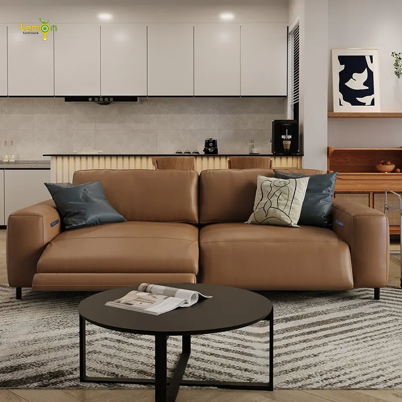 Italian light luxury retro bread lazy straight-row telescopic electric functional sofa living room elephant ear leather sofa