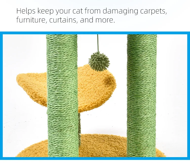 Natural Cat Scratching Post Featuring  3 Scratching Poles Dangling Ball Cat Tree Cactus Cat Scratcher