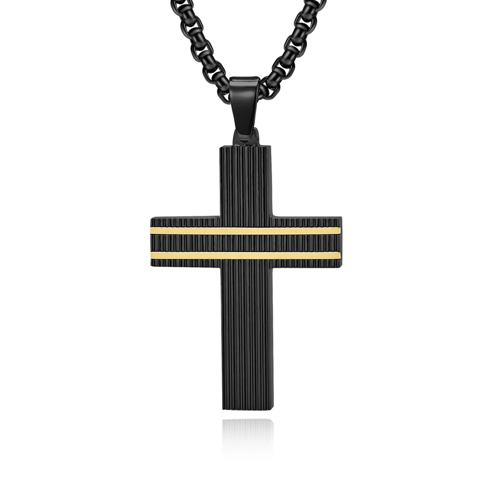 Wholesale Black And Gold Adjustable Box Chains Engraved Brushed Cross Stainless Steel Necklaces Jewelry For Men