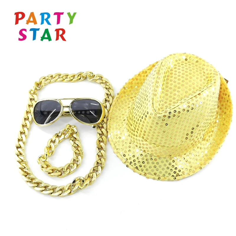Gold Party Hat Set Accessories Sequin Fedora Hat Glasses Gold Look Gangster Bracelets&Chains Necklace for Men