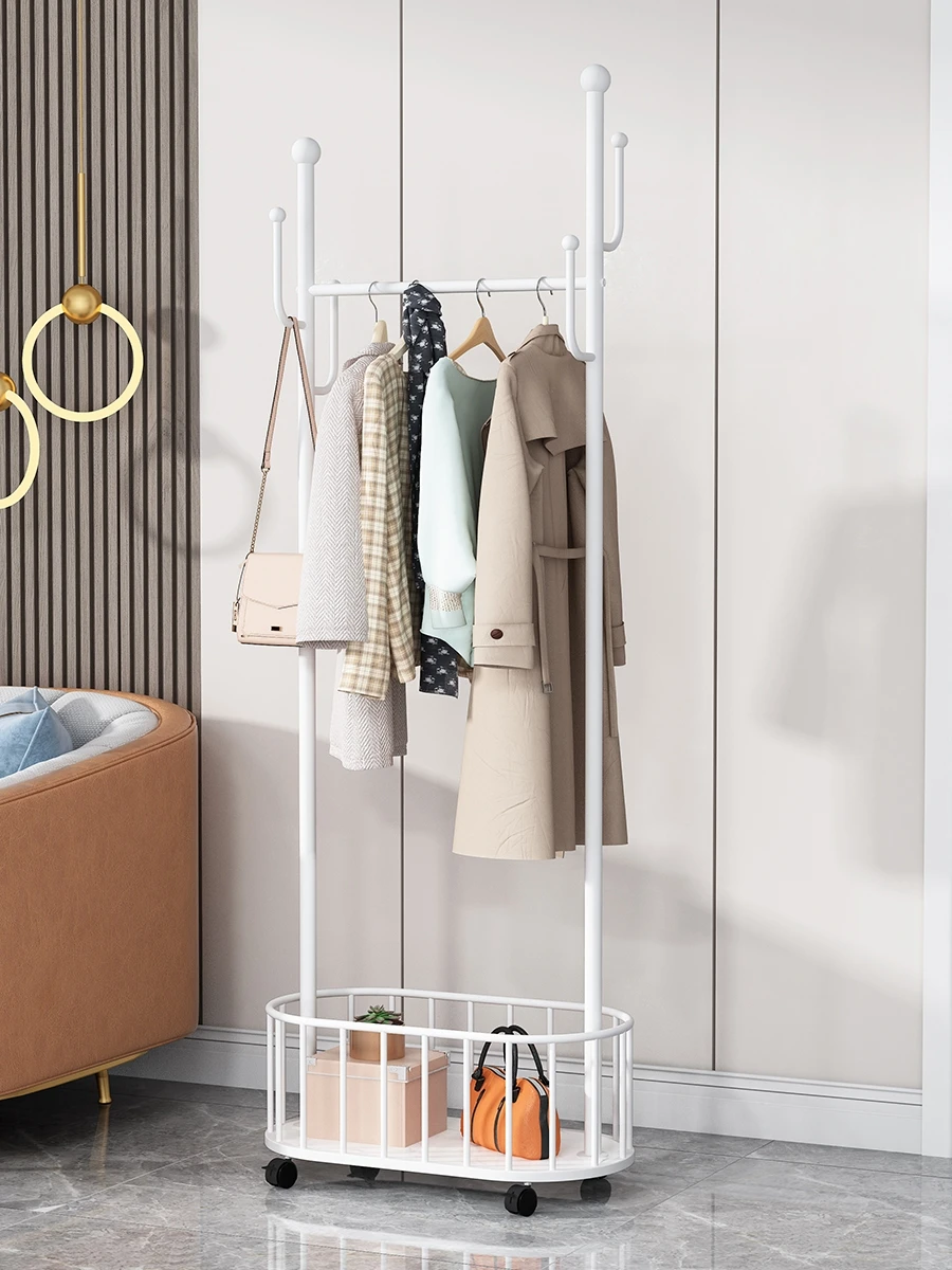 New Listing Light luxury floor drying clothes rack with storage basket bedroom balcony clothes hat rack removable hangers