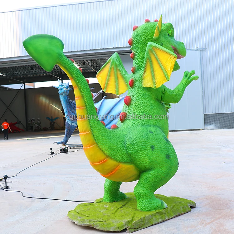 Cute Displays Children Amusement Green Animatronic Cartoon Dinosaur Animal Dragon Moving Sculpture