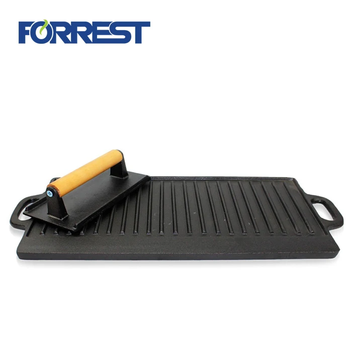 Cast Iron Steak Bacon Press with Wooden Handle for Meat Griddle Press