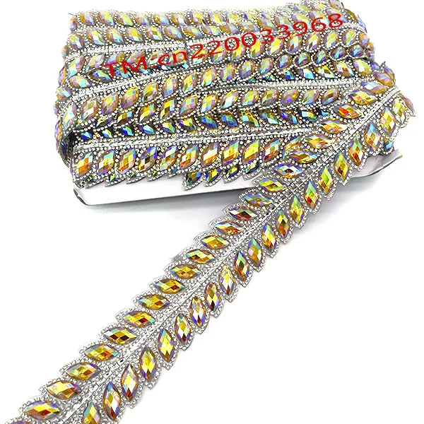 Horse eye Leaf shape Iron on yellow AB gems alternates gold base Hot fix rhinestone chain trimming for Carnival dress decoration