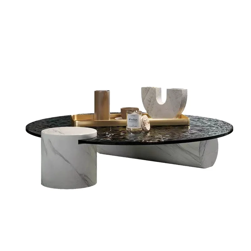 Italian Style round Coffee Table with Water Corrugated Tempered Glass Marble for Living Room