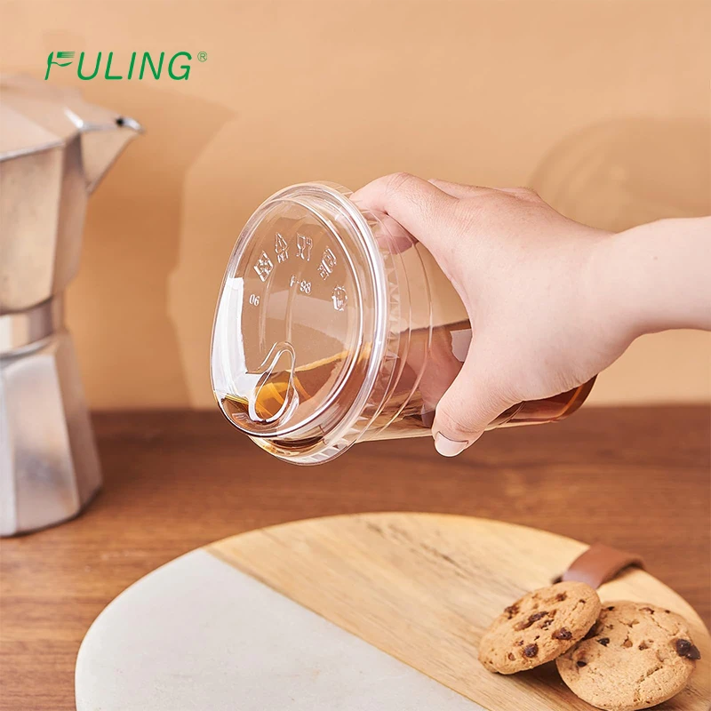 FULING 16oz 98mm clear pet plastic cup strawless sip lid disposable beverage cup for to go drink
