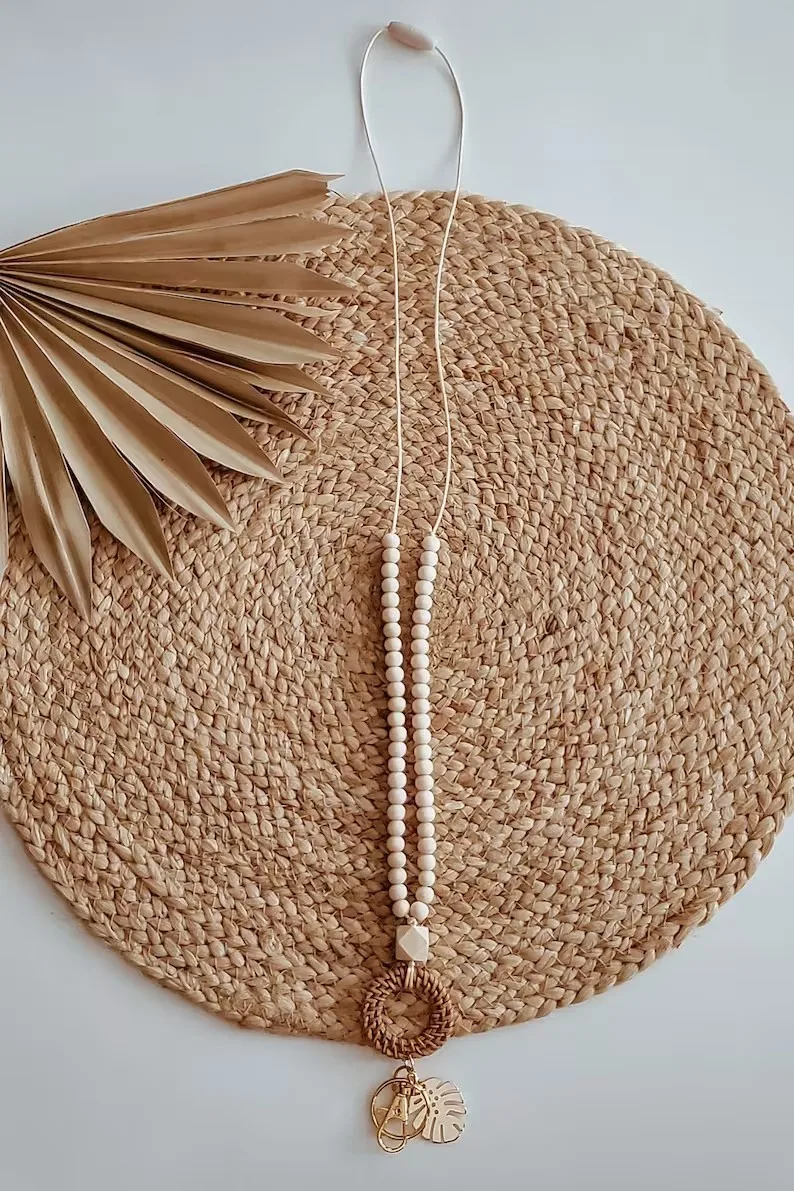CUSTOM BOHO LANYARD Rattan Wooden Beaded Lanyard With Leaf for Teacher Necklace Handwoven