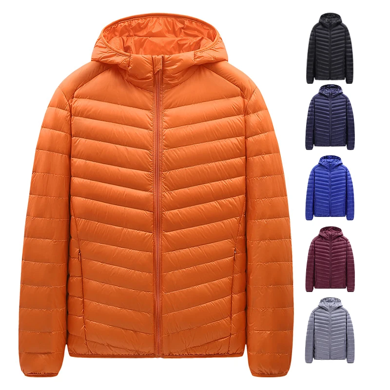Athletic Lightweight White Hooded Duck Down Jacket For Mens Front Zipper Up Packable Insulated Quilted Coat
