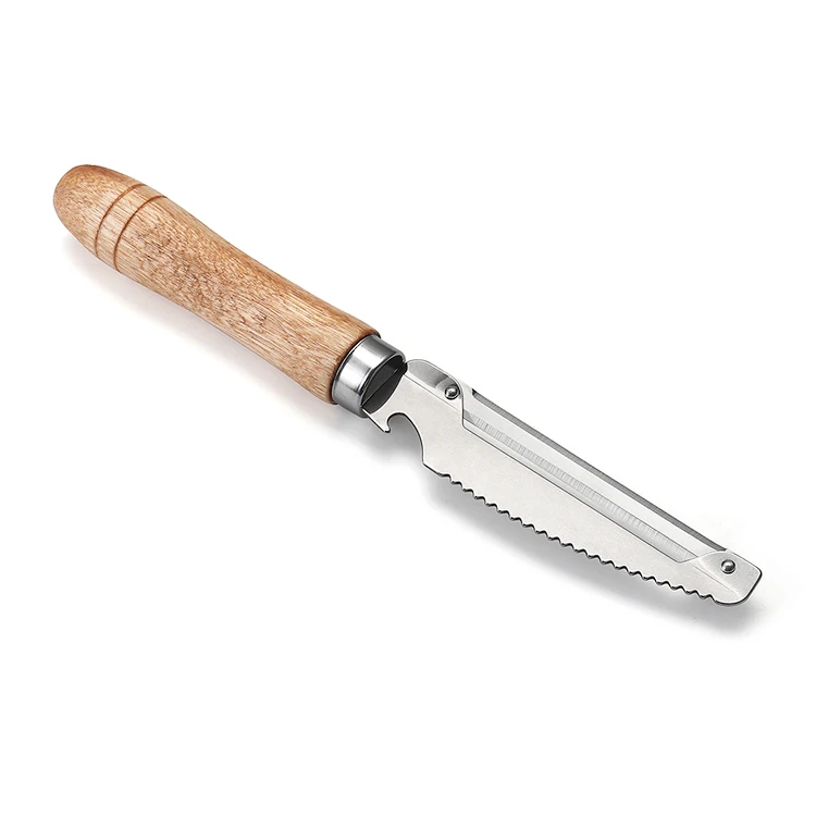 Hot Sale Find Stainless Steel Wooden Handle Silvery Multi-functional Vegetable Peeler Fish Peeler Cutting Knife Can Opener