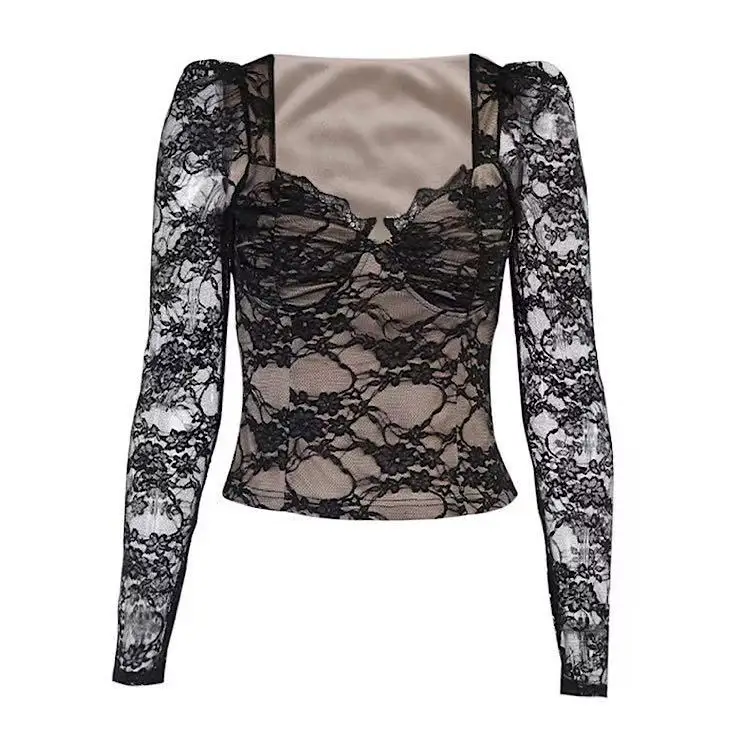
Black lace shirt square collar long sleeve trim blouse top for women 