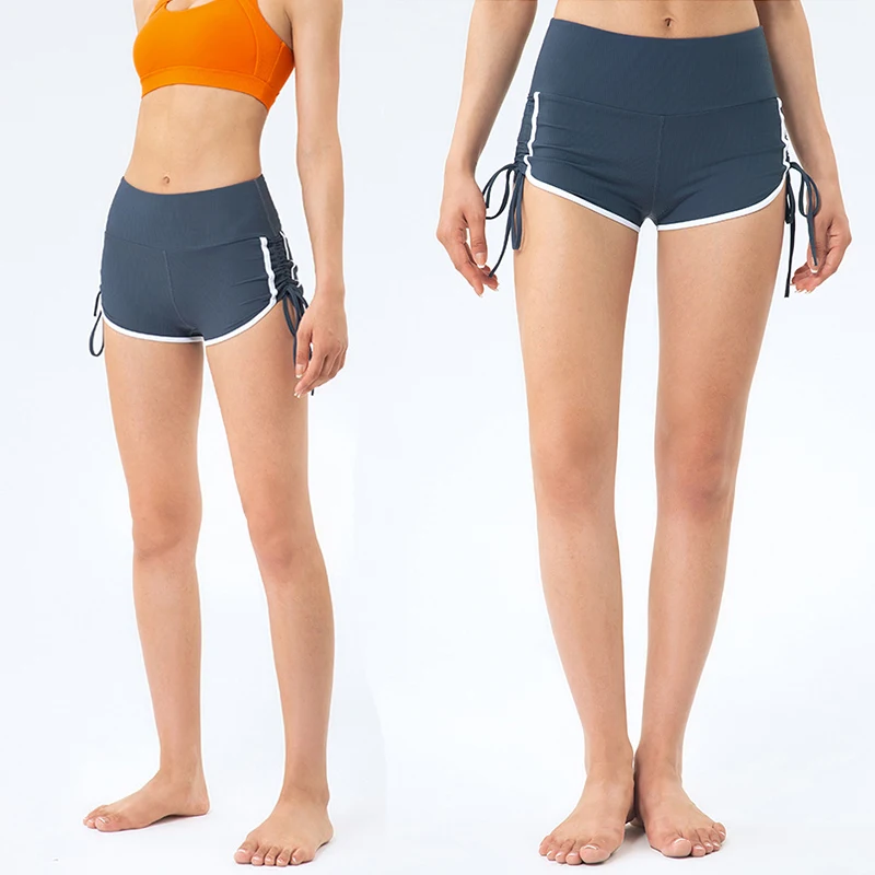 drawstring fitness gym shorts for women custom private label tummy control yoga shorts ribbed workout biker shorts