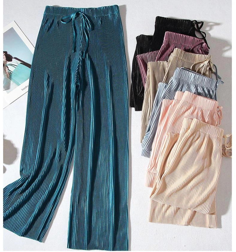 Factory wholesale high waist loose fit Solid Color Womens stretchy pleated Pants  Elastic Waist Women Trousers for summer
