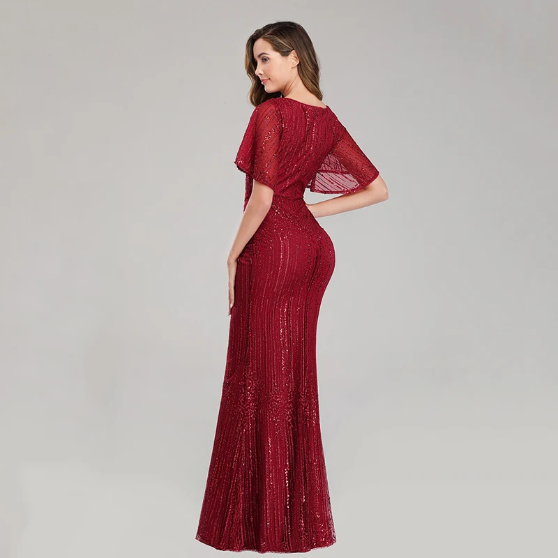 Custom Elegant Long Maxi V Neck Short Sleeve Green Long prom Evening Gown Dress for Women