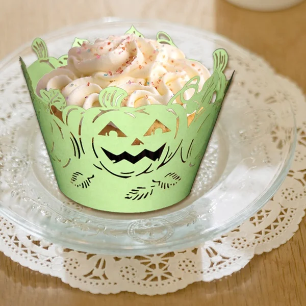 DIY Hollow out Halloween Lace Pumpkin Face Cupcake Wrappers and Toppers Lace Liner Baking Cake Paper Cup Wraps for Halloween Par