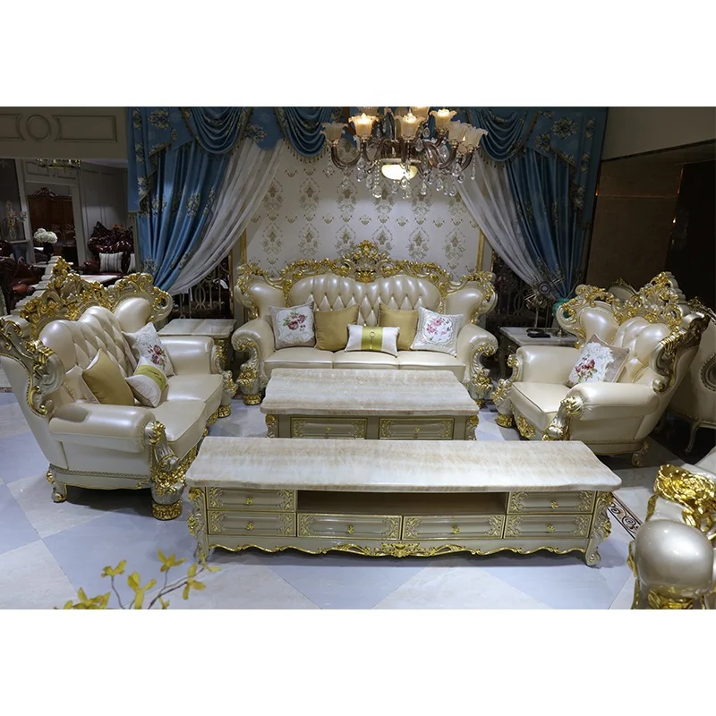 7-Seat Gold Solid Wood Chesterfield Sofa Set European Classical Style 100% Rice White Beige Leather for Living Room Apartment