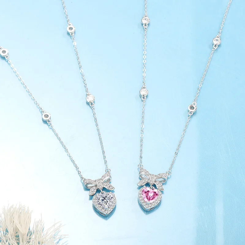 QIUHAN OEM New S925 Silver Pink Zircon Bow Tie Princess Knot Love Necklace