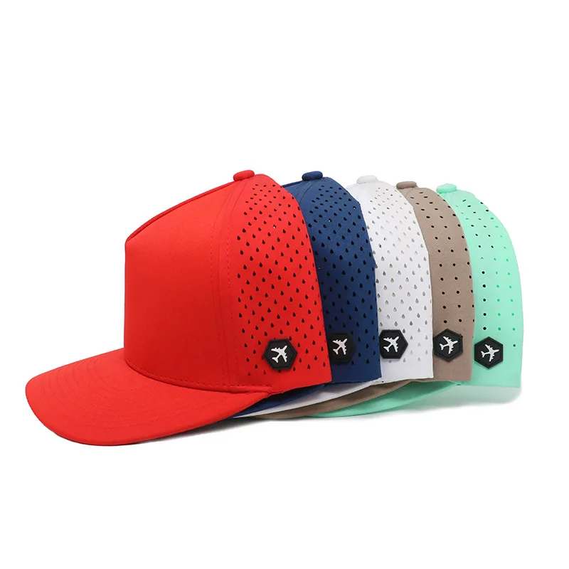 Laser Cut Hole Perforated Hat Custom Men High Quality 5 Panel Rubber Logo Sport Dad Hat Waterproof Hat