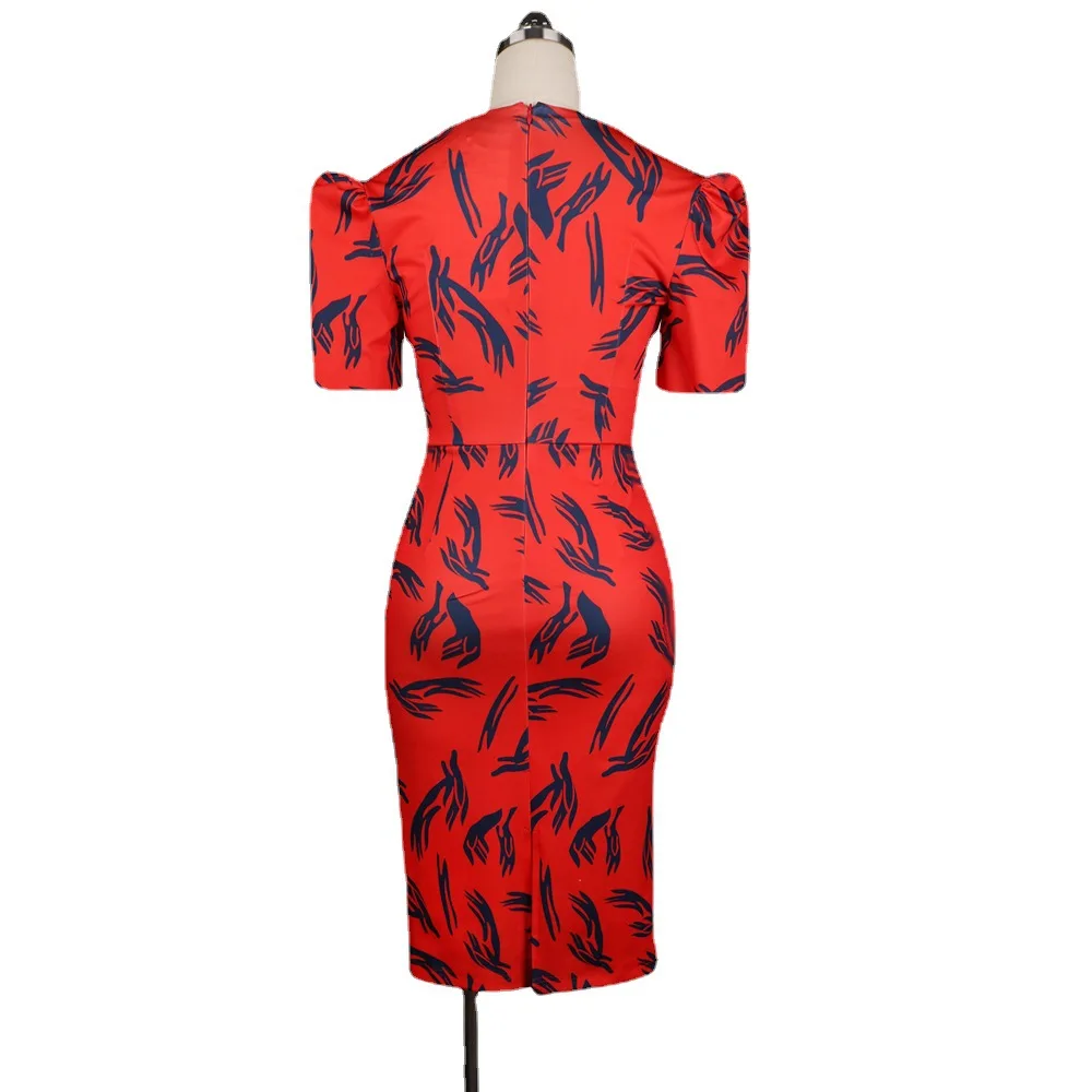 OL019 V-образный вырез с коротким рукавом и высокой талией, приталенное Плиссированное повседневное Деловое платье с разрезом и принтом, женское платье большого размера