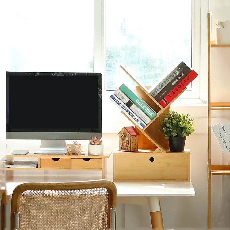 QUAWE Wholesale Bamboo Magazine Display Racks Bookcases and Bookshelves Library Desktop Wooden Book Shelf