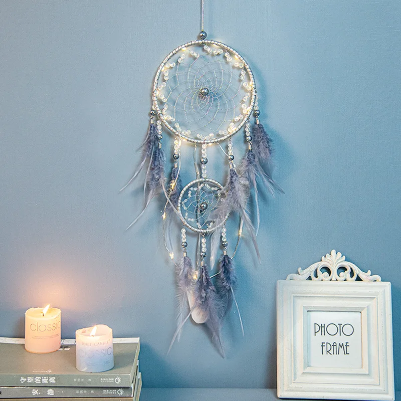 Handcrafted colorful feather lucky turquoise pendant beaded fairy lamp moonlit dream catcher
