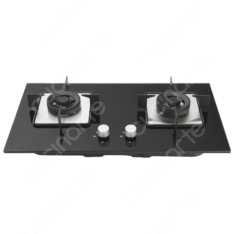 Cucinarte GF275K802 Two Triple Ring 4.8 KW Battery Auto Ignition Tempered Glass Built-in Gas Hob Cooktop 2 Burners LPG