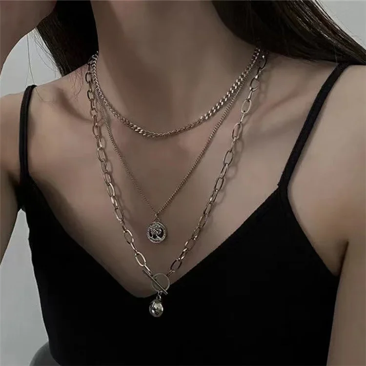 Jewelry Set Layered Coin Pendant Statement Chunky Chain Necklace for Women Man