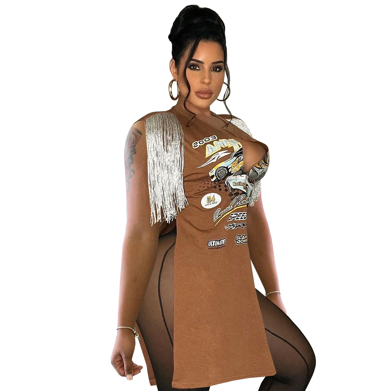 Wholesale Graphic Printed Tassel T shirt Dress For Women Deep V-neck Hip Hop Sleeveless Split Mini Dresses