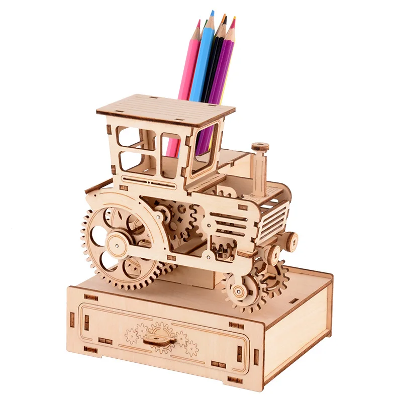 Wooden Early Education Educational Handmade Toys 3D Stereo Mechanical Assembly  Music Box Wooden Model Pen Holder