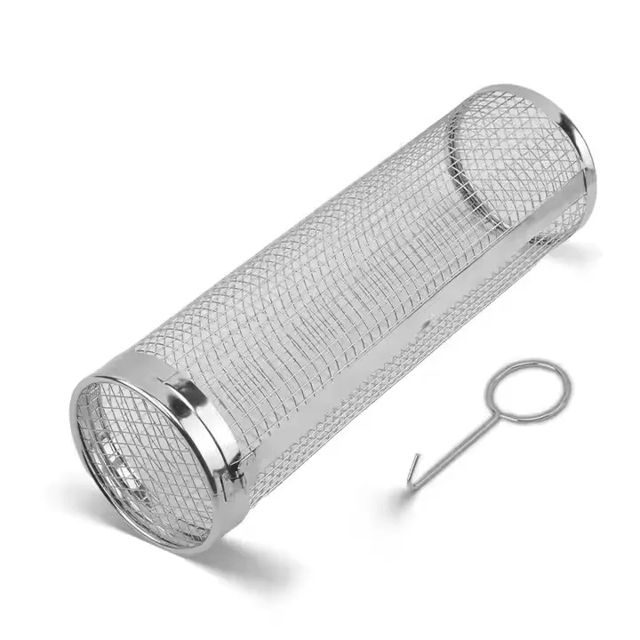 New Cylinder Grilling Basket Stainless Steel Barbecue Net Vegetables Meat Metal Bbq Net With Removable Mesh Cover