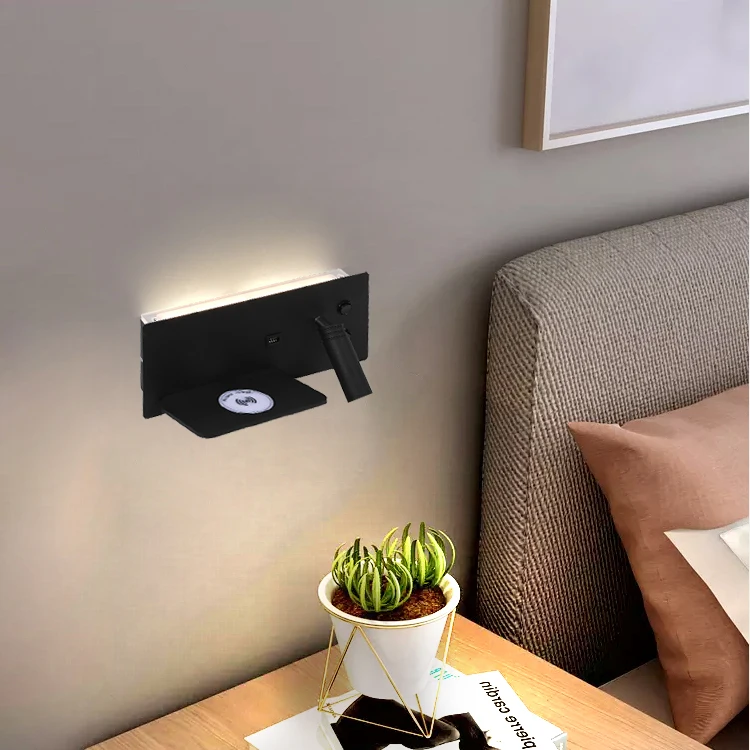 Bedroom wall lamp ON OFF switch wooden wall lamps wireless charger  USB port reading wall lamp