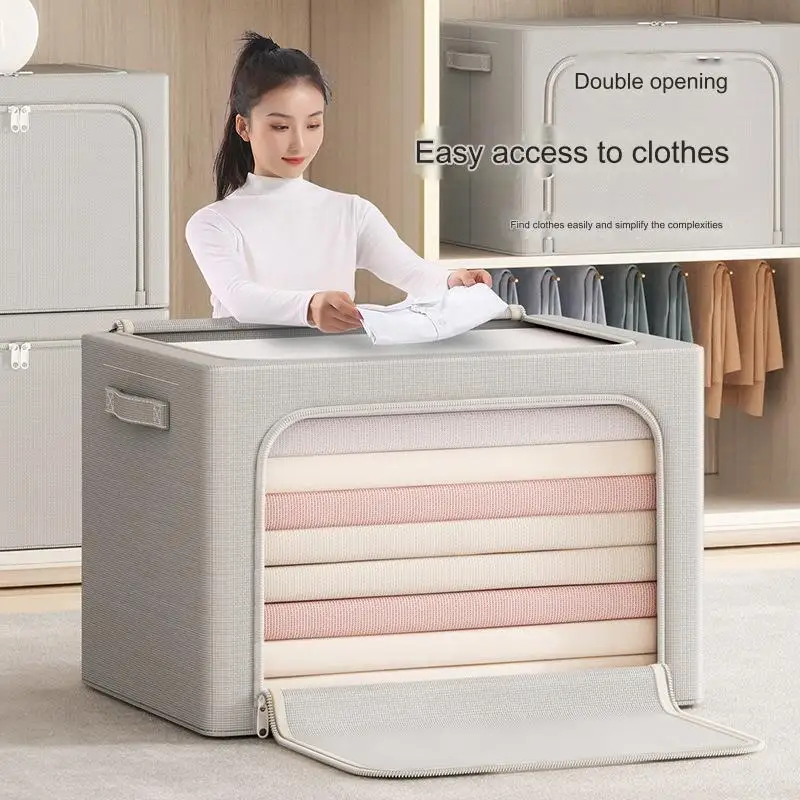 100L Large Clothes Storage Bins Foldable Metal Frame Stackable Oxford Bedding Sheet Box Organizer Set with Handles