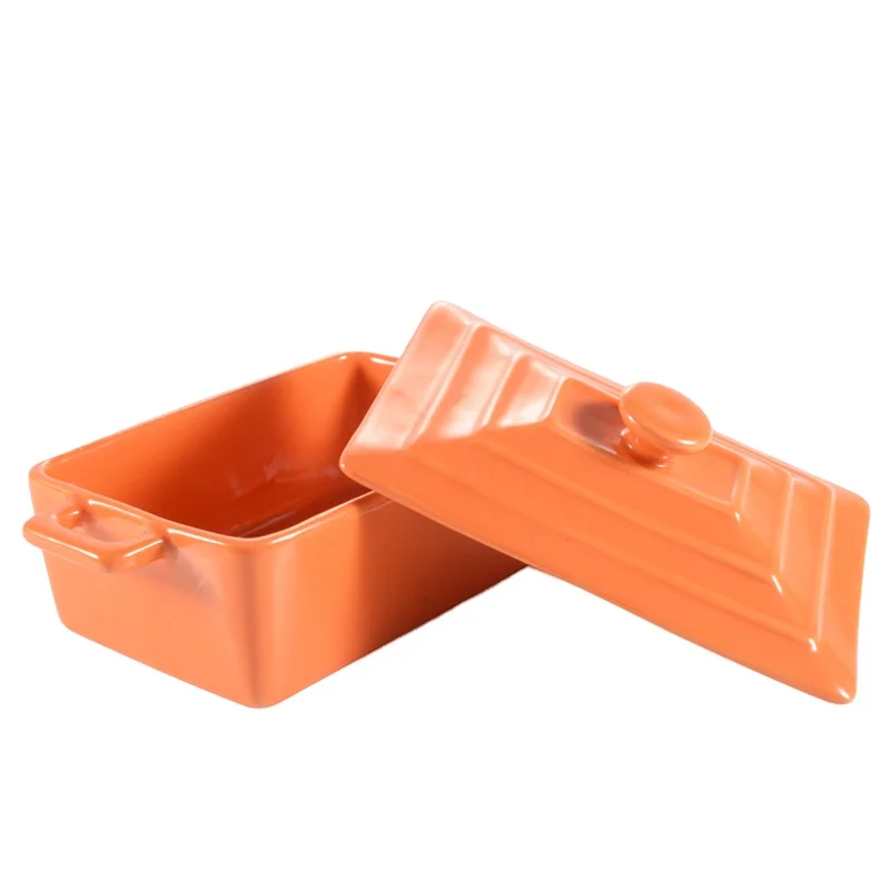 Rectangle Ceramic Ramekin Bowls Kitchen Creme Brulee Ramekins Restaurant Dessert Bowl with Lid And Double Handles