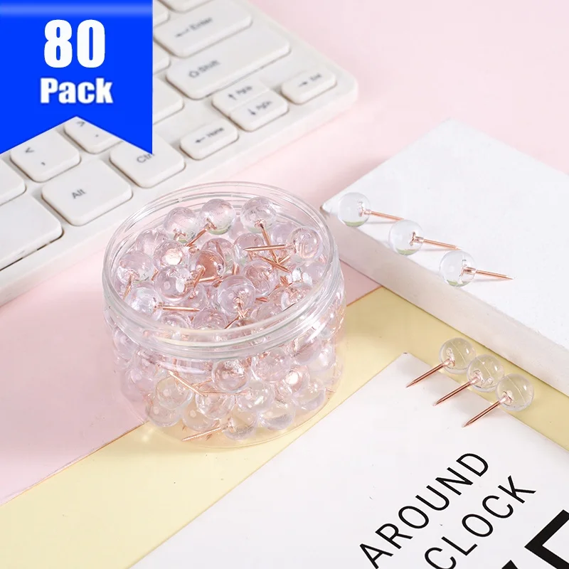 80 PCS Transparent Thumbtacks Rose Gold Round Head Map Tacks with Steel Needle Points for Map Drawing Cork Notice Board Office