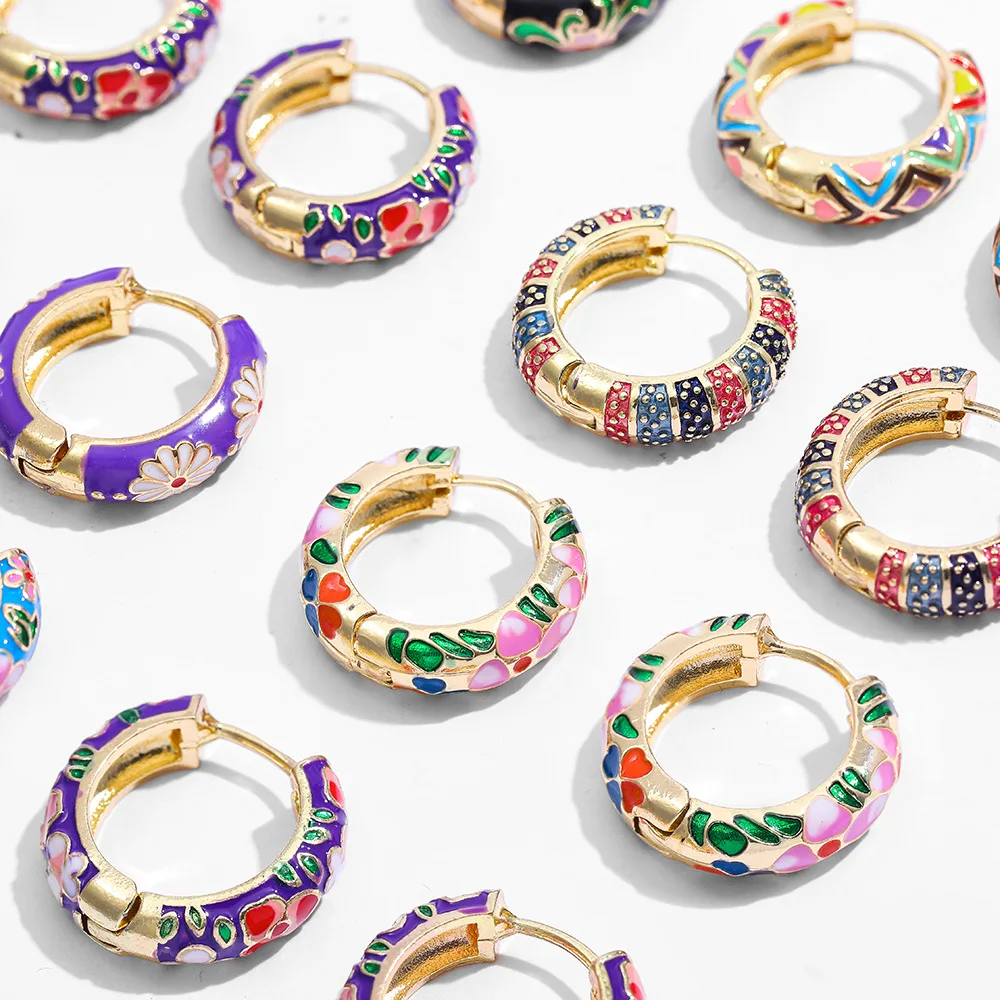 Vintage Colorful Enamel Flower Pattern Huggie Hoop Earrings For Women Retro Wholesale