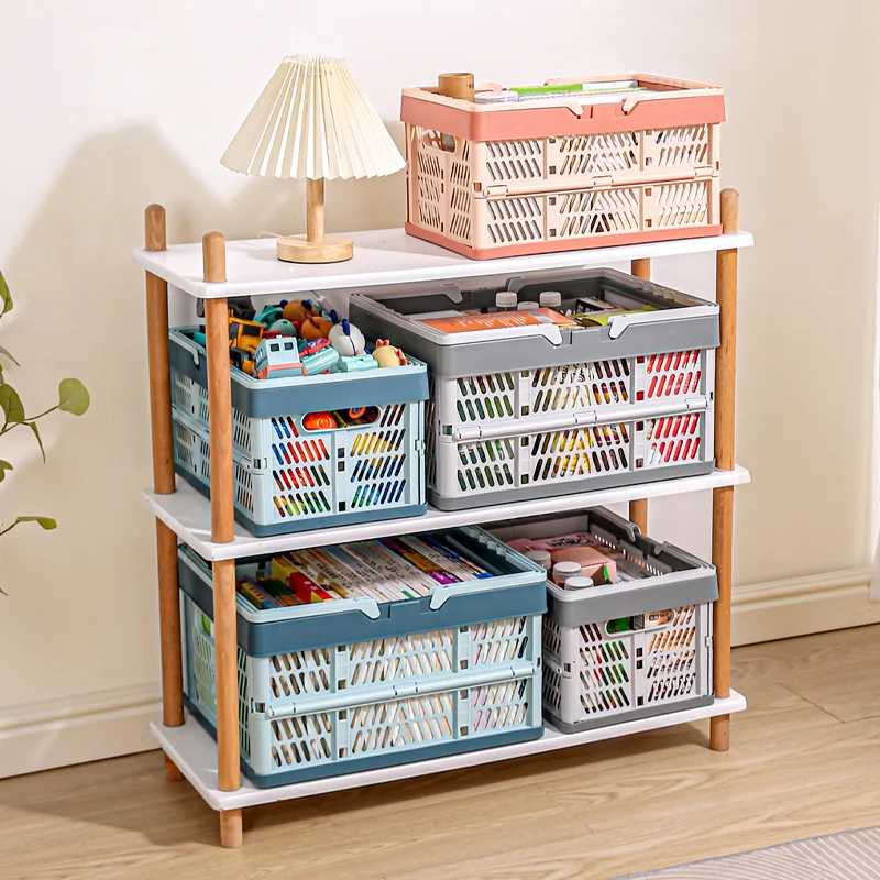 Factory Wholesale Portable Plastic Folding Basket with Handles Sundries Stackable Collapsible Plastic Storage Basket