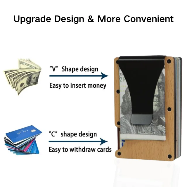 New Minimalist Real Wood RFID Blocking Wooden Card Holder with Money Clip Wooden Card Wallet