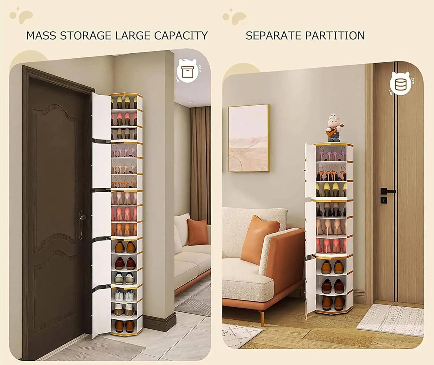 Multifunctional plastic white Round 7tiers Freestanding rotating 360 Degree shoe rack storage Organizer cabinet on Wheels