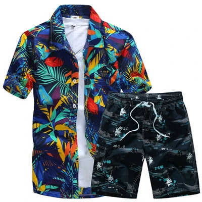 Mens Hawaiian Shirts Set  Floral Shirts Beach Shorts Short Sleeve Tracksuit Fashion Summer Male Chinese style printed shirt